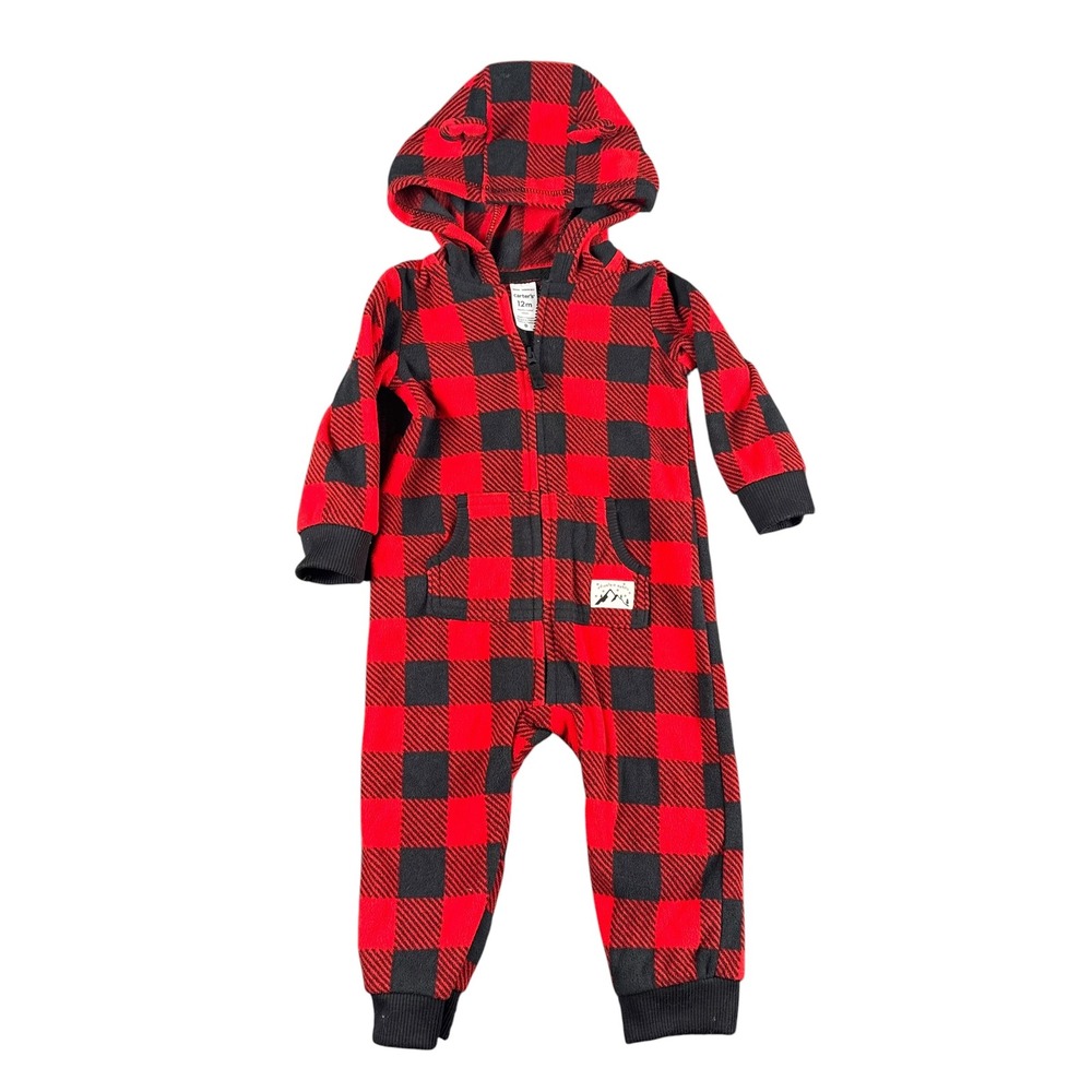 Carters Baby 12M Red Black Buffalo Plaid Fleece Hooded Jumpsuit Romper 1I963610